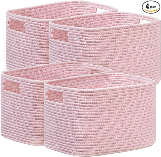 4 Pack Storage Baskets for Organizing, Shelf Baskets with Handles, Pink | 14.5"Lx9.8"Wx9"H, Woven Basket, Cotton Rope Basket, Toy Storage, Cube Shelf, Gift Baskets Empty, Home Decor