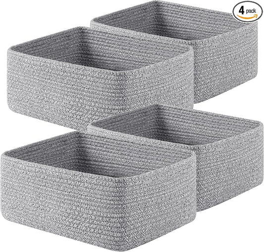OIAHOMY 4 Pack 14.17 * 11.02 * 6.3IN Storage Baskets for Organizing Shelves, Woven Rope Baskets for Organizing Books, Clothes, Decorative Basket for Living Room, Nursery, Bedroom, Gift Basket, Grey