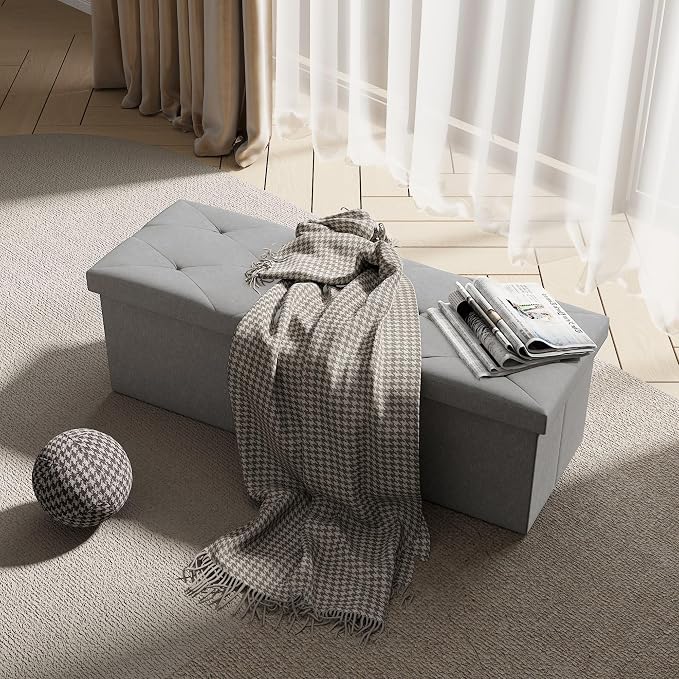 VECELO 43'' Folding Storage Ottoman Bench, Storage Chest, Linen Fabric Foot Rest Stool, 158L Storage Footstools for Bedroom and Living Room, Holds up to 660 lbs, Grey