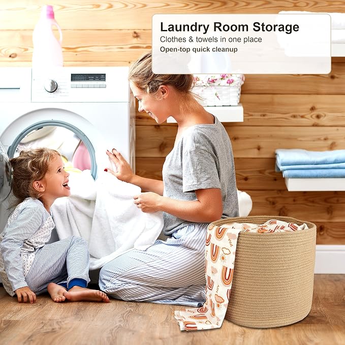 XUANGUO Jute Rope Basket For Girls Boys Kids 16”X14” | Baby Laundry Baskets, Blanket Basket, Nursery Bin; Round Woven Basket Organizer for Toy Storage, Blankets, Shoes and Clothes