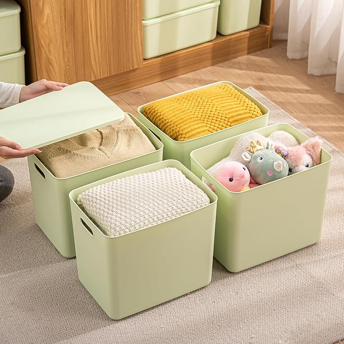10 pack large plastic White storage bins with Lids, Toy Box Chest with Handle，Organizer Containers Baskets for Baby,Nursery，Shelves，Playroom, Bedroom，Office,Closet，home (Light Green, 5XL+5S)