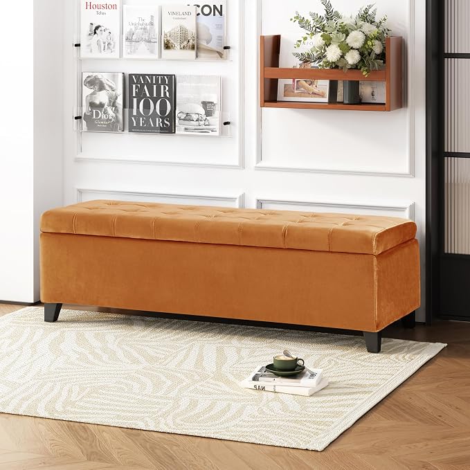 Upholstered Storage Ottoman Bench, End of Bed Bench with Storage Chest, Foldable Foot Rest with Legs for Living Room, Bedroom, Entryway, Dark Gray (Burnt Orange)