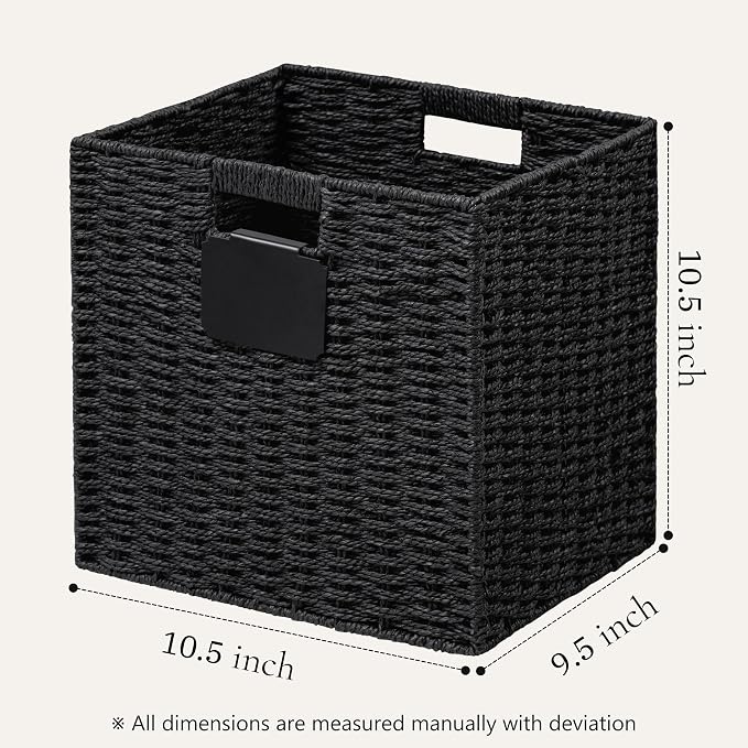 UBBCARE 2 Pack Wicker Basket, 10.5×10.5 Storage Cubes with Label, Foldable Cube Storage Bin with Handle, Square Storage Basket for Shelves, Woven Paper Rope Basket for Organizing, Black