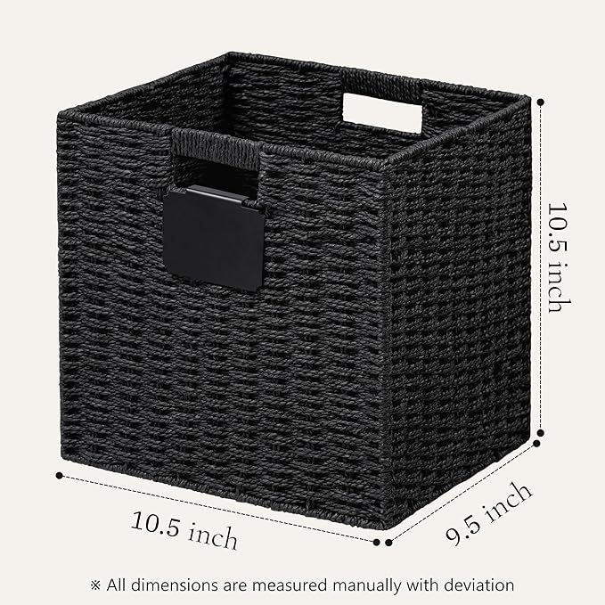 UBBCARE 4 Pack Wicker Basket, 10.5×10.5 Storage Cubes with Label, Foldable Cube Storage Bin with Handle, Square Storage Basket for Shelves, Woven Paper Rope Basket for Organizing, Black