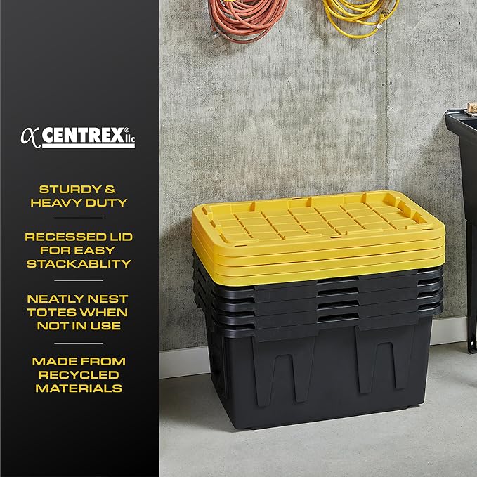 CX Heavy Duty 27-Gallon Stackable Plastic Storage Bins with Lids, 4 Pack | Storage totes for garage organization, Stackable containers, weather-resistant, snap lid, 14.3H x 20.6W x 30.6D, Black/Yellow