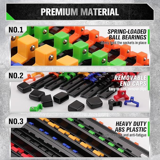 SWANLAKE Socket Organizer Set 18-Piece, 1/4-Inch x 96 Clips, 3/8-Inch x 90 Clips, 1/2-Inch x 72 Clips, Socket Organizer for Tool Box Drawer, Drive Socket Trays, Socket Holder Clip Rail