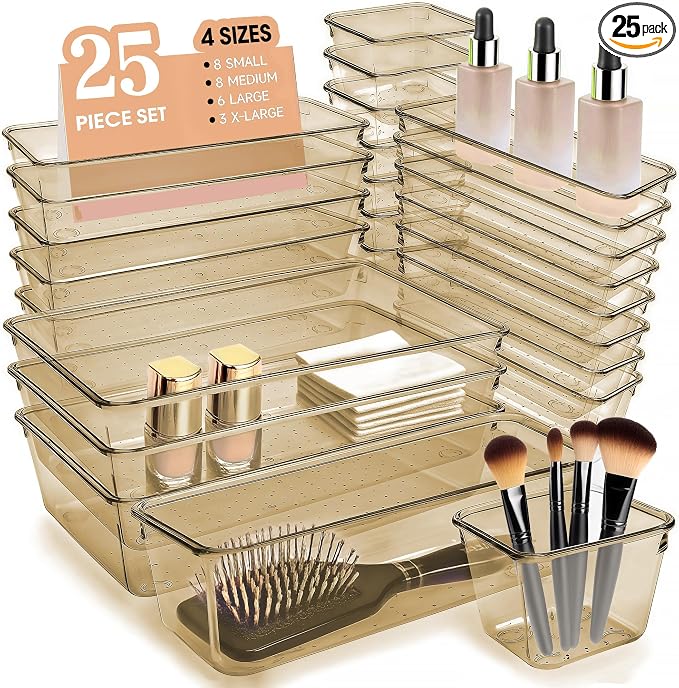 Kitchen Desk Drawer Organizers Storage for Office, Small Acrylic Vanity Trays Makeup Organizer for Drawer Bathroom Plastic Make up Organizers 25 Pcs Clear Champagne