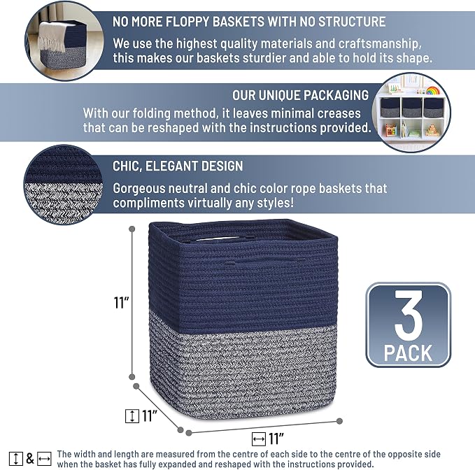 NaturalCozy Storage Cubes 11 Inch Cotton Rope Woven Baskets for Organizing, 3-Pack | Cube Storage Bin | Square Storage Baskets for Shelves Organizer, Classroom, Kids Toy Bins, Closet, Baby Nursery