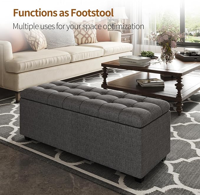 38" Dark Grey Fabric Storage Ottoman Bench with Hinged Lid | Solid wood frame bench, 4-leg easy assembly. Use as end-of-bed, footrest, entryway seat. Hinged hidden storage, multi-use.