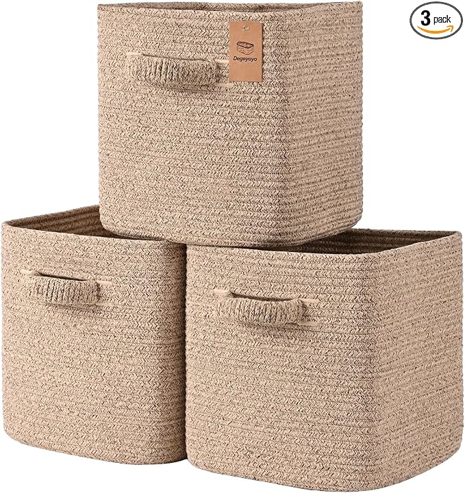 13 Inch Storage Cubes, 3 Pack Cube Storage Bins for Organizing, Cotton Rope Woven Baskets for Shelves, Bathroom, Kids Room, Closets, Baby Nursery
