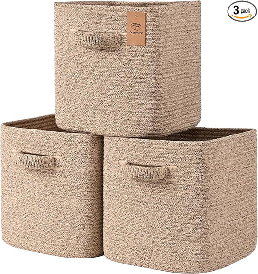 13 Inch Storage Cubes, 3 Pack Cube Storage Bins for Organizing, Cotton Rope Woven Baskets for Shelves, Bathroom, Kids Room, Closets, Baby Nursery