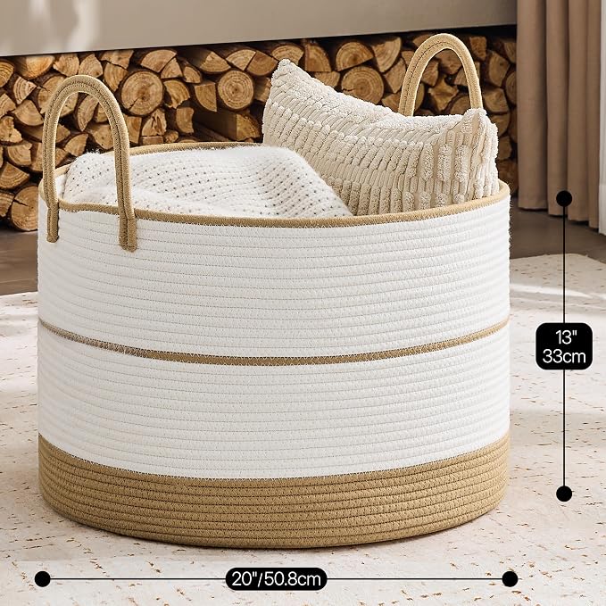KAKAMAY Large Blanket Basket with Handles, Storage Basket for Living Room | Extra Large Capacity | Natural Cotton Rope | Blanket Storage | Woven Storage Basket | Stuffed Animal Storage | Laundry Basket