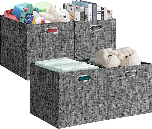 Posprica 13x15x13in Collapsible Storage Bins, Fabric Foldable Cube Storage Boxes, Decorative Storage Baskets Organizer for IKEA Kallax, Shelves, Closet, Clothes, Set of 4-Black