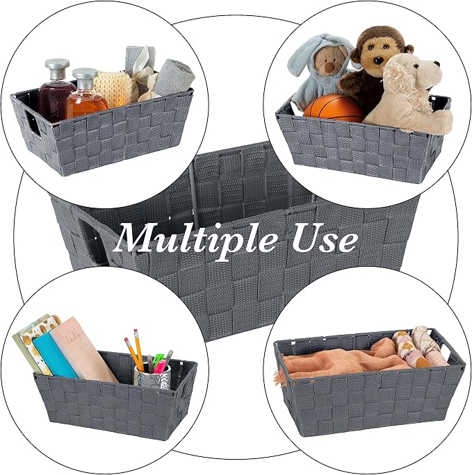 Simplify Small Shelf Woven Strap Tote | Decorative Storage Basket | Built in Handles | Organization | Closet | Bedroom | Bathroom | Nursery | Accessories | Toys | Gifts | 4 Pack | Grey