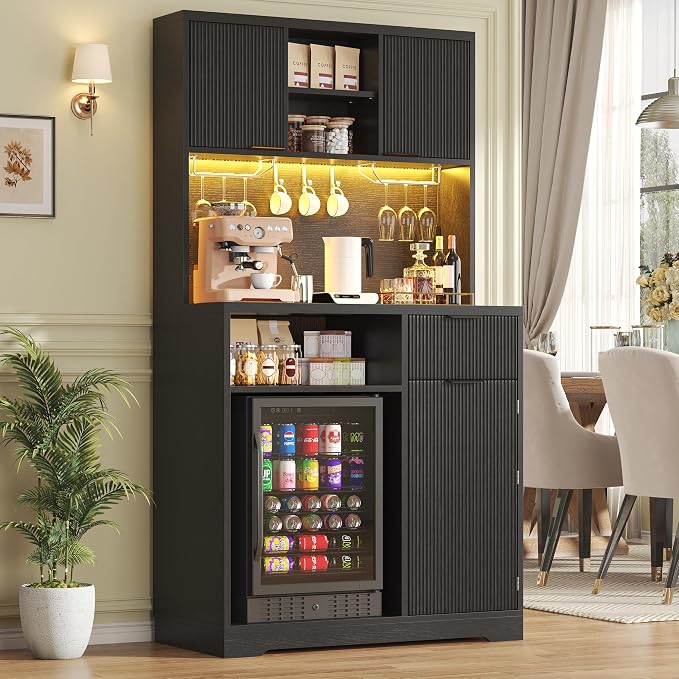 kepptory 72" Mini Fridge Cabinet with Storage, Coffee Bar Cabinet with Mini Fridge, Tall Coffee Bar Station with RGB LED Light, Wine Glass Holder, for Home Kitchen Living Room, Black