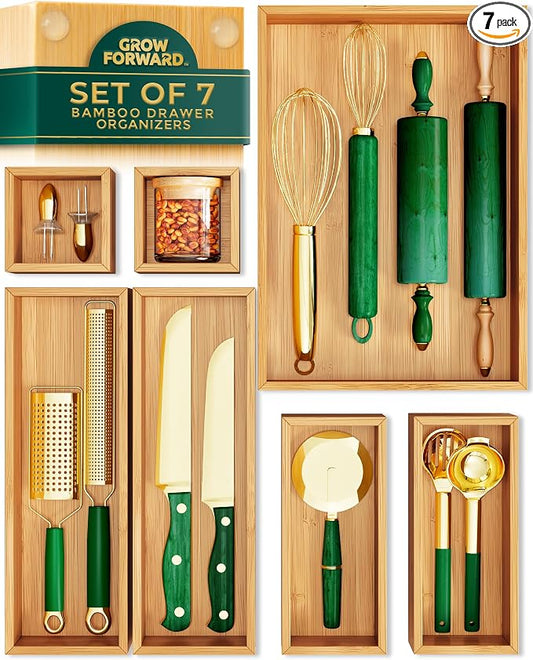 Grow Forward Bamboo Drawer Organizer Boxes - Set of 7 Wooden Drawer Organizers for Kitchen, Bathroom, Office, Desk, Vanity, Makeup - Non-Slip Junk Drawer Organizer Trays for Storage and Organization
