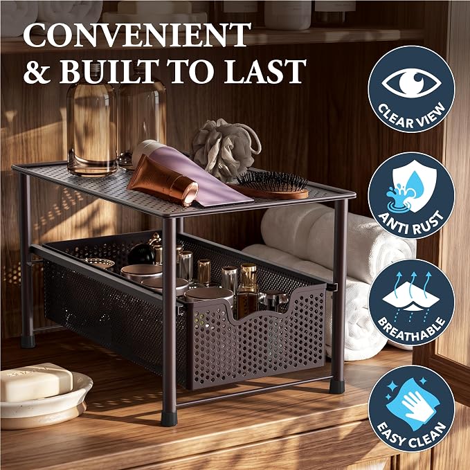 Simple Houseware Stackable Under Sink Sliding Basket Drawer, Brown | Perforated Free Standing Organizer, Kitchen/Pantry/Cabinet/Counter