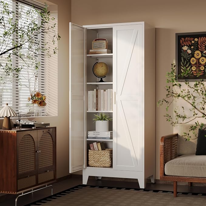 71" H Tall Kitchen Pantry Cabinet,Metal Food Storage Cabinets, White Kitchen Cabinet with Doors and Shelves, Large Freestanding Cabinets with Storage for Dining Room, Living Room