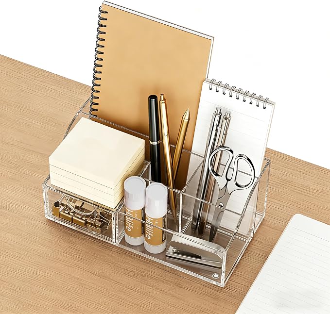 HBlife Acrylic Desk Organizer with Drawer, Pen & Pencil Holder, Multifunctional Desktop Caddy for Office Supply and Organization
