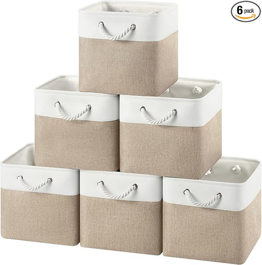 12x12 Inch Fabric Cube Storage Bins with Cotton Rope Handle 6-Pack | Top Support of Metal Frame, Bottom with Cardboard Support, Foldable Storage Bins for Closet, Bedroom, White Khaki