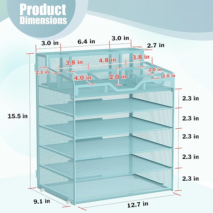 Docnest 6 Tier Mesh Desk Organizer with Letter Tray & Paper Sorter, Blue | Features 3 built-in pen holders & 5 adjustable compartments on top. Includes 4 non-slip rubber feet for desk protection