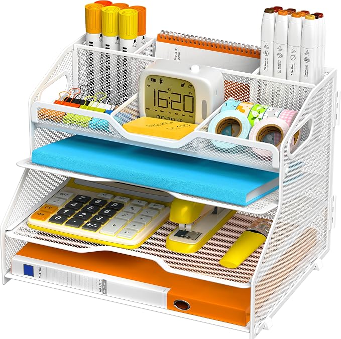 4 Tier Metal Desk Organizer with Magazine File Holder, White | Space saving workspace desk file trays. Includes pencil holder and portable handles. Ideal for school and office supplies