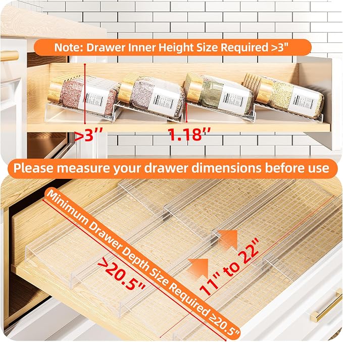 MUDEELA Clear Spice Drawer Organizer, 4 Tier (4 Packs) Spice Rack for Drawer, Expandable From 11" to 22" Kitchen Seasoning Organizers and Storage for Drawer (Jars not included)