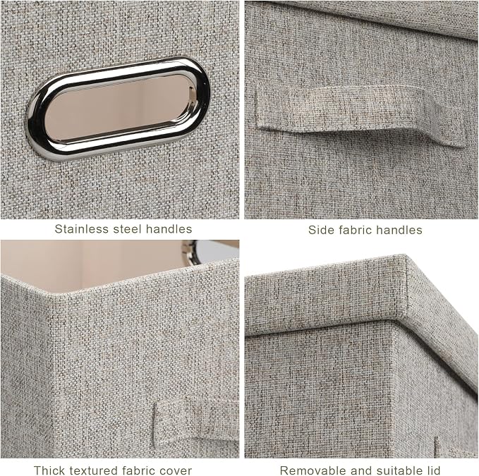 Graciadeco Medium 15" 21 Quart Collapsible Stackable Storage Bins with Lids, 1 Pack Beige Foldable Fabric Closet Storage Boxes with Lids, Heavy-duty Linen Baskets for Bedroom | 21 Quart 1 Pack Beige Collapsible Stackable Linen Fabric 4 Handles Bedroom ...