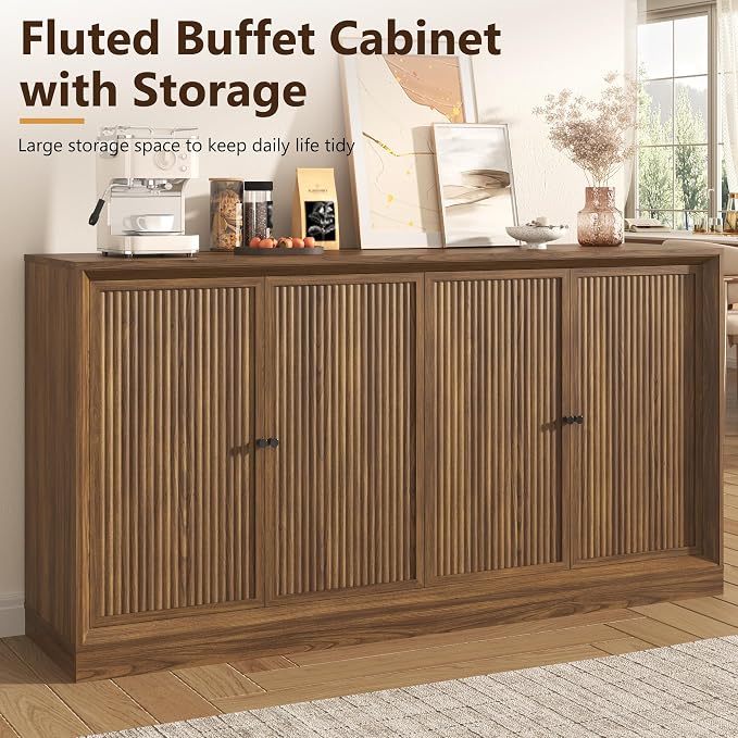 Hlivelood 63” Fluted Sideboard Buffet Cabinet with Storage, Mid Century Modern Wooden Credenza with 4 Doors & Adjustable Shelves, Beveled Edge Storage Cabinet for Kitchen, Living Room (Walnut)