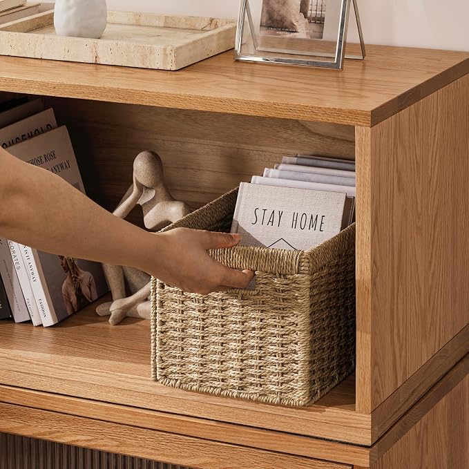 joybest Wicker Baskets for Shelves, Hand-woven Storage Baskets Natural | 13.4L x 8.3W x 7.1H inch for Pantry, Kichen Organizing, Foldable Rectangular Bin with Handles, 2-pack