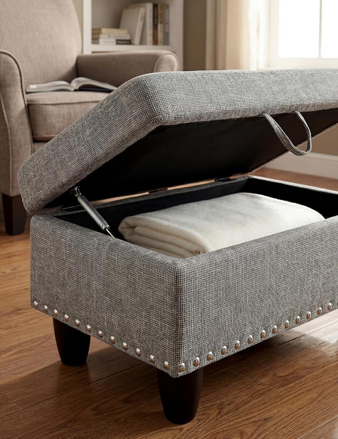 Ottoman with Storage, 28.5 inch Liner Storage Ottoman with Padded Seat, Large Entryway Bench with Solid Wood Frame, Upholstered Sturdy Foot Rest for Living Room, Bedroom, Entryway, Gray