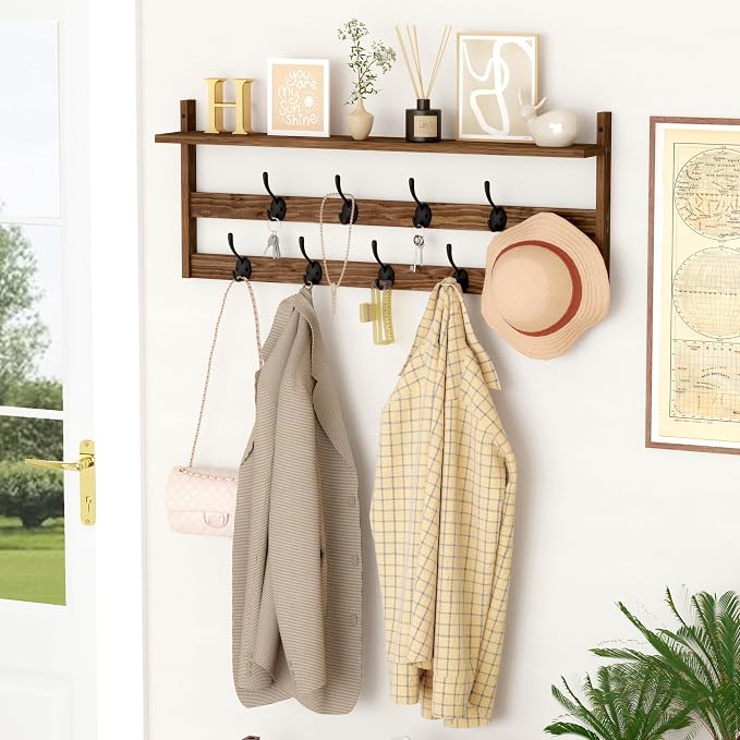 AMBIRD Coat Rack Wall Mount with Shelf, 29" Coat Hooks Wall Mounted with 9 Metal Hooks for Entryway, Bathroom, Bedroom, Living Room, Kitchen, 2 Tier Wall Hooks for Clothes, Hat, Towel, Key, Purse