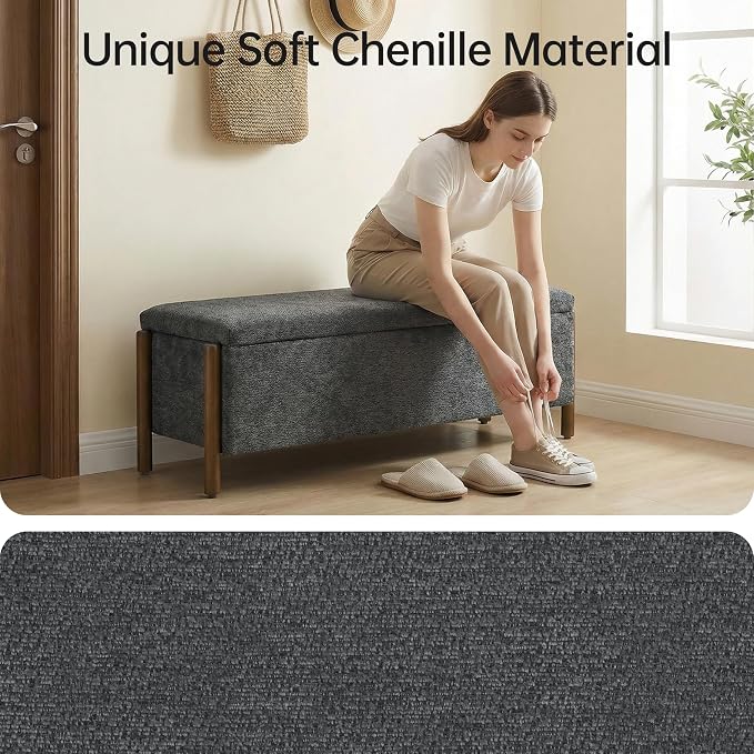 Usaint Wooden Storage Ottoman Bench, 47" Fabric Upholstered End of Storage Bench with Rubberwood Legs, Entryway Bench with Storage for Bedroom, Living Room, Reception, Cloakroom, Charcoal