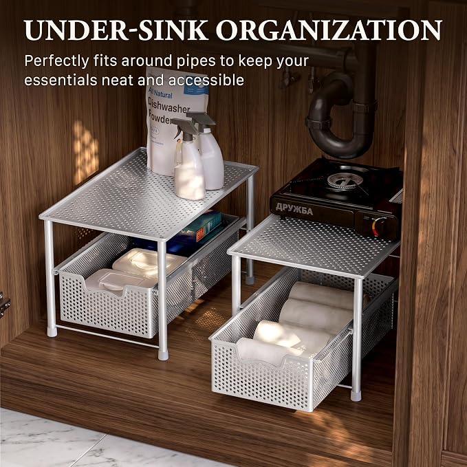 Simple Houseware Stackable Under Sink Sliding Basket Drawer, White | Perforated Free Standing Organizer, Kitchen/Pantry/Cabinet/Counter