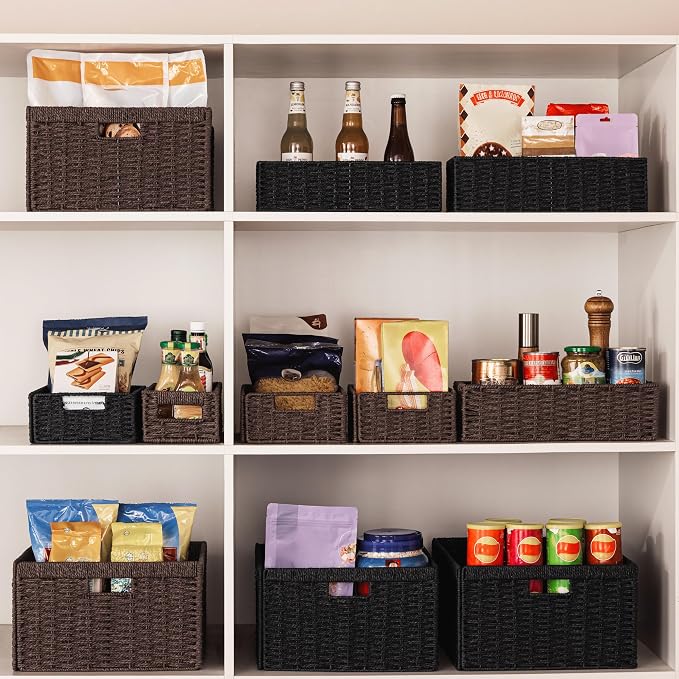 UBBCARE 4 Pack Wicker Basket, 13.4L×8.3H×7.1W inch Woven Paper Rope Storage Baskets for Shelves, Foldable Rectangular Storage Baskets with Handle, Storage Basket for Organizing, Dark Brown