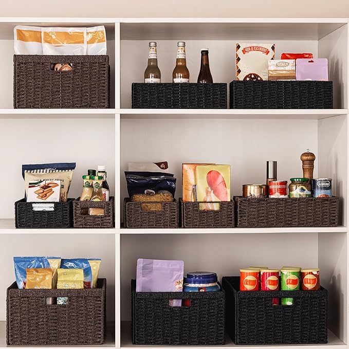 UBBCARE 2 Pack Wicker Basket, 11.5L×7.5H×3.5W inch Woven Paper Rope Storage Baskets for Shelves, Foldable Rectangular Storage Baskets with Handle, Storage Basket for Organizing, Black