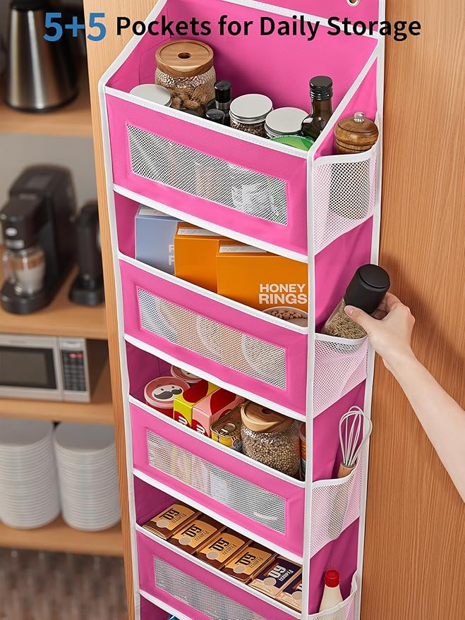 JARLINK Over the Door Organizer for Bedroom, Bathroom, 5 Shelf Rose Pink | Anti-Tilt Design, 44 lb Load Capacity, Hanging Door Organizer with 5 Large Capacity Pockets, Behind Door Storage for Nursery