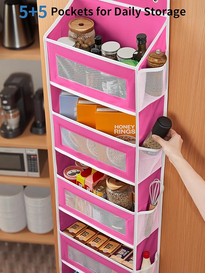 JARLINK Over the Door Organizer for Bathroom, 5 Shelf Rose Pink, 2 Pack | Anti-Tilt Design, 44 lb Load Capacity, Hanging Door Organizer with 5 Large Capacity Pockets, Behind Door Storage for Nursery