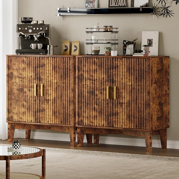 BORNOON Storage Cabinet with Doors and Adjustable Shelf, Modern Fluted Sideboard Buffet Cabinet, Freestanding Coffee Bar for Kitchen, Pantry, Entryway, Living Room (Rustic Brown)