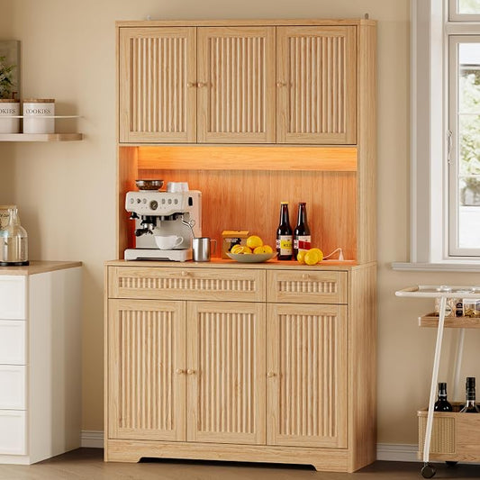 BORNOON Pantry Cabinet with Charging Station and Light, Tall Kitchen Pantry Storage Cabinet with Microwave Stand, Wide Fluted Kitchen Hutch with Storage Drawers and Adjustable Shelves for Dining Room