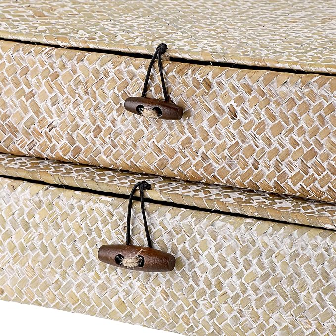 Hipiwe Set of 2 Flat Woven Wicker Storage Bins with Lid Natural Seagrass Basket Boxes Multipurpose Home Organizer Bins Boxes for Shelf Organizer (Whitewash)