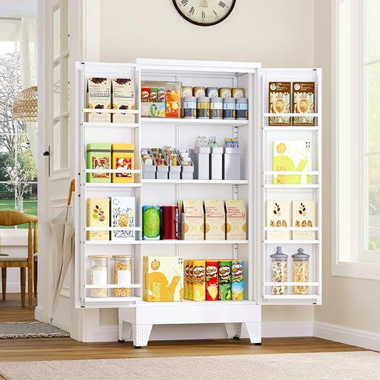 GAIOUS Metal Kitchen Pantry Cabinet, Storage Cabinets with 2 Door and 3 Adjustable Shelves, White Freestanding Food Storage Cabinet, Steel Cupboard for Kitchen Dinning Room