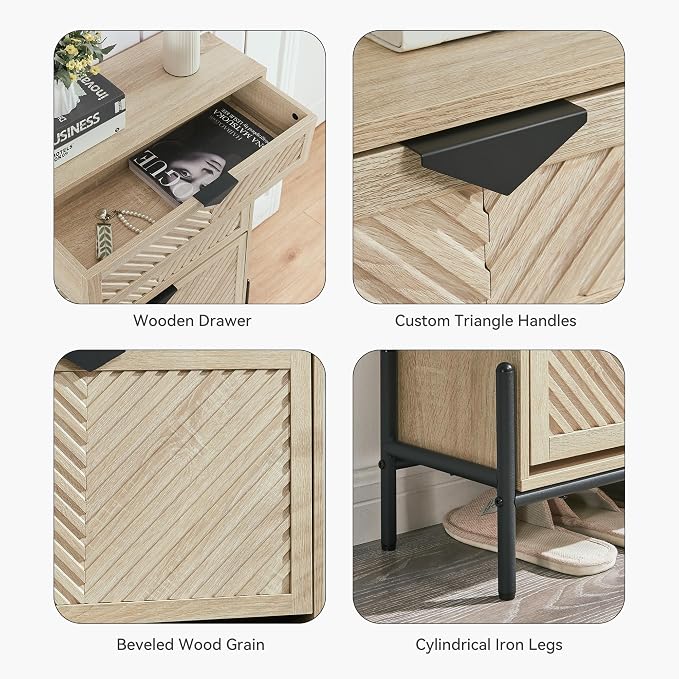 Shoe Cabinet with 2 Flip Drawers, Narrow Entryway Rack, Oak | Slanted Wood Grain, Freestanding, Adjustable Compartments, Removable Middle Shelf, Metal Handles, for Hallway Foyer Entrance