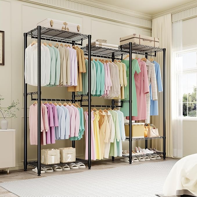 Heavy Duty Garment Rack Stable Clothes Rack for Hanging Clothes Wardrobe Closet with Adjustable Shelves & 5 Hanging Rods 76.5" H x 67.6" L x 15.5" W Black