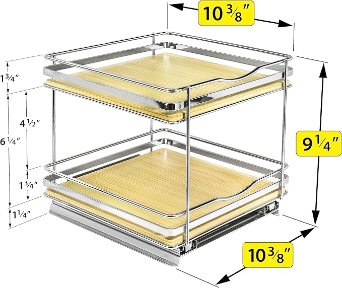 LYNK PROFESSIONAL® Élite™ Pull Out Spice Organization for Cabinets - 10-3/8 inch Wide – Spice Rack for Inside Cabinets – Wood/Chrome - Sliding Spice Rack Organizer for cabinet – Spice Rack - 2 Tier