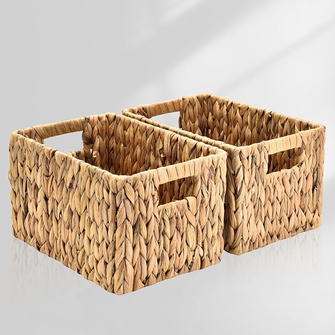 Water Hyacinth Rectangular Wicker Baskets, 12" Wicker Basket 2 Pack, Woven Storage Baskets with Handles