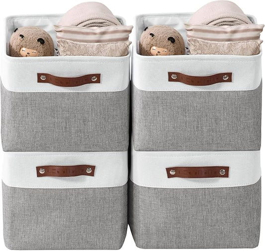 DECOMOMO Storage Bins, Extra Large Fabric Storage Baskets for Shelves 4Pack | 15.8 x 12.5 x 10 inches Decorative Linen Closet Organizers (Grey & White)