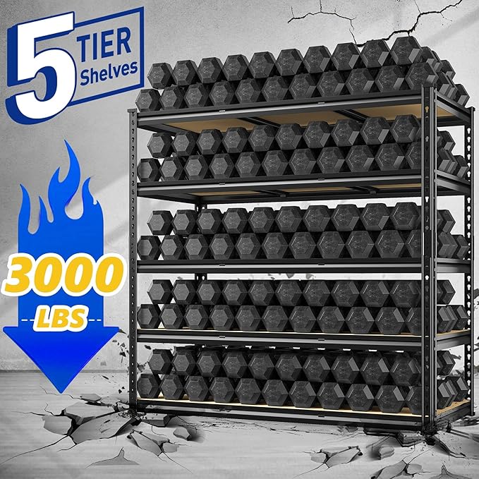 REIBII 48" W Garage Shelving 3000LBS Storage Shelves 5 Tier Industrial Shelving Adjustable Metal Storage Shelves for Garage, Basement, Warehouse, Commercial, Easy Assemble, 48" W x 72" H x 18" D, 2PC