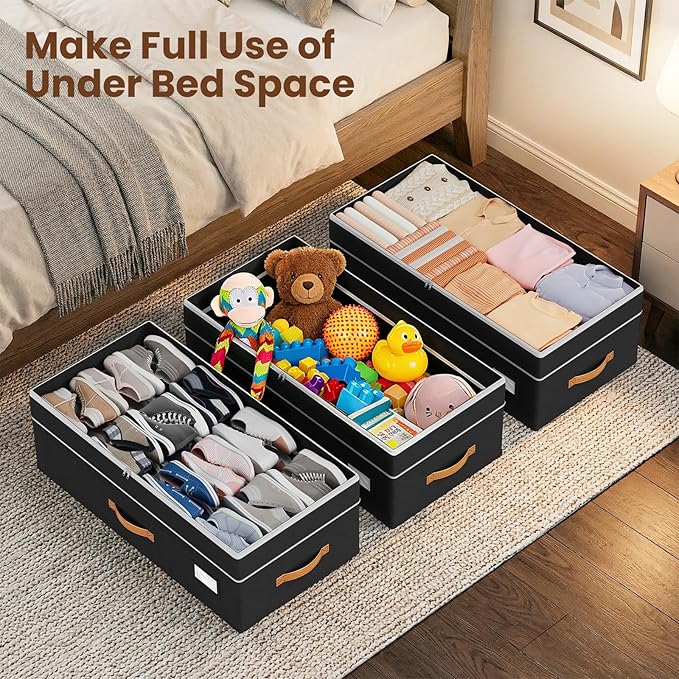 Budding Joy 80L 2 Pack Adjustable Under Bed Storage with Wheels | Underbed containers with clear lids, rolling under bed shoe storage organizer for dorm home clothes, blankets, toys, black