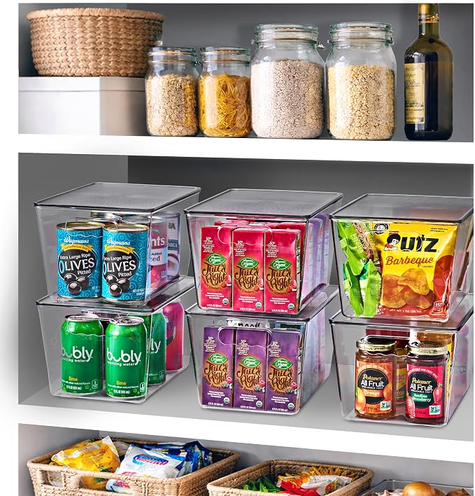 Clear Storage Bins with Lids, 10 Pack Large Stackable Clear Bins, Clear Storage Containers with Lids, Plastic Organizer Boxes for Pantry Storage, Kitchen Cabinets, Closet Organization, Bathroom